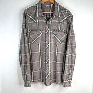 Urban Outfitters Feathers Plaid Shirt XL Grey Snap Fisherman Indie Surf Beach